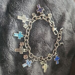 Silver Charm Bracelet with Blue Crosses Beautiful
